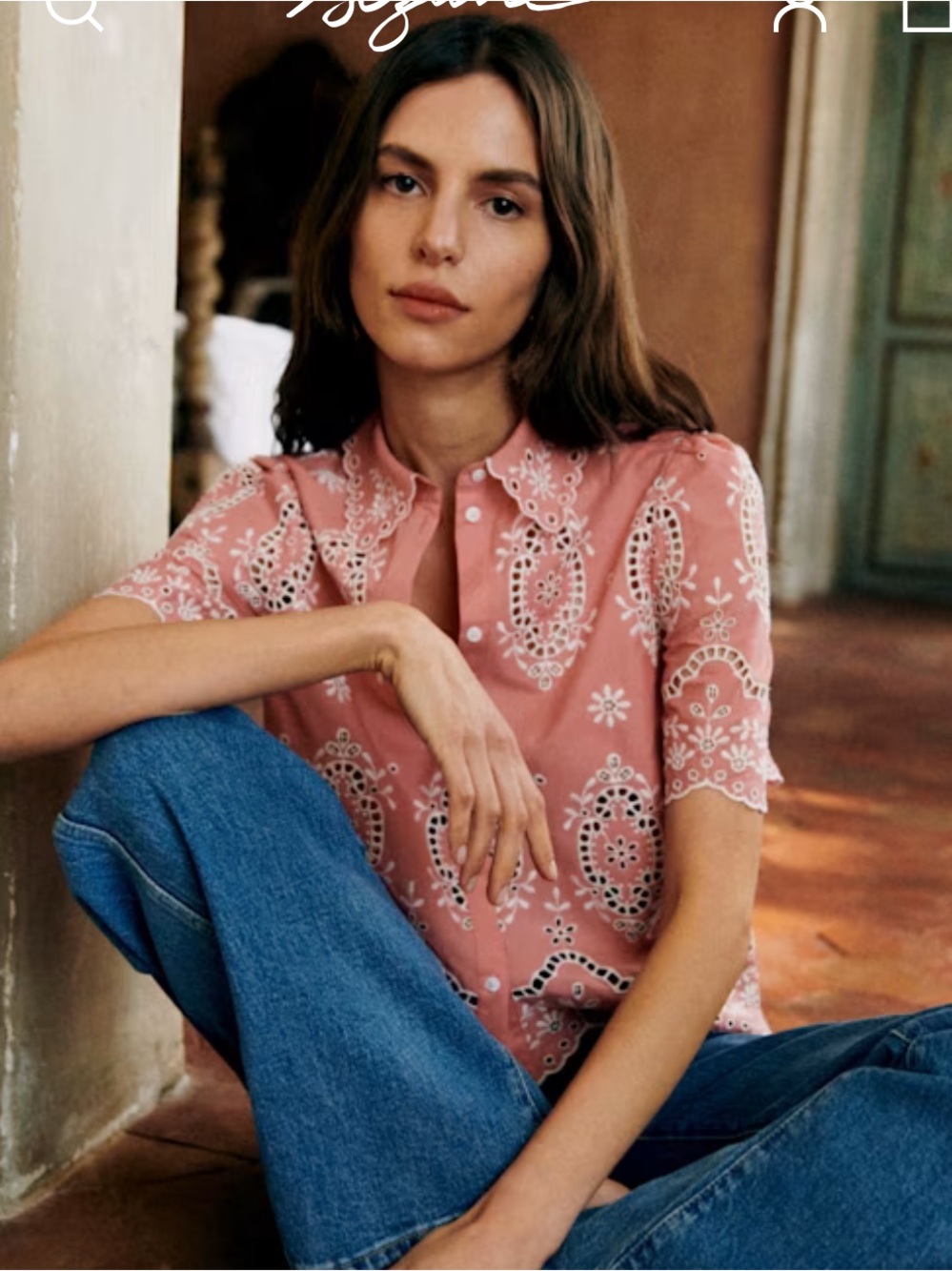 Sezane Pink Eyelet Button-Front Blouse